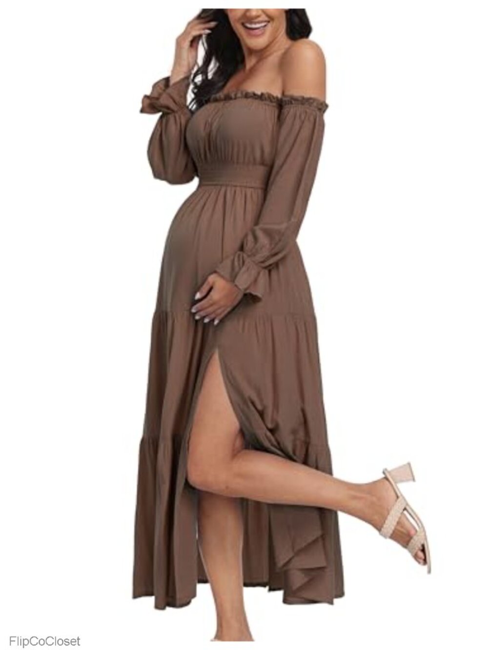 Boho Off Shoulder Maternity Maxi Dress Long Sleeve Side Split Flowy A Line